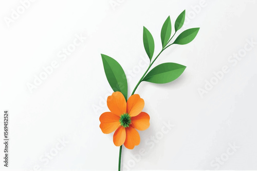 Orange flower with green stem, isolated on white background. Beautiful blossom flower for summer decoration, Spring design elements, PNG, Cut out