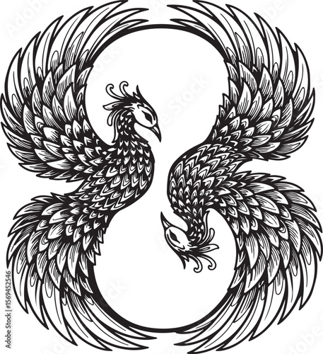 Elegant black and white phoenix illustration depicting mythology and symbolism of rebirth