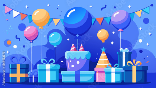 Festive birthday celebration with balloons cake and gifts