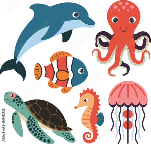 Adorable cartoon illustration featuring a dolphin octopus fish sea turtle seahorse and jellyfish