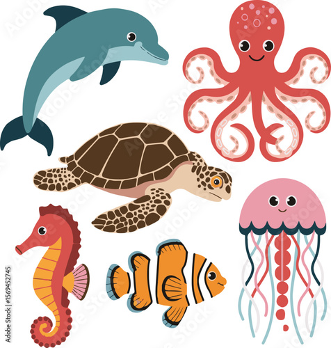 Cute cartoon illustration of various playful sea creatures dolphin octopus turtle seahorse fish