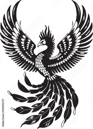 Elegant black and white phoenix bird with wings spread in vector art style