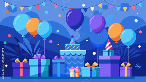Festive birthday celebration with balloons gifts and a cake in a colorful setting