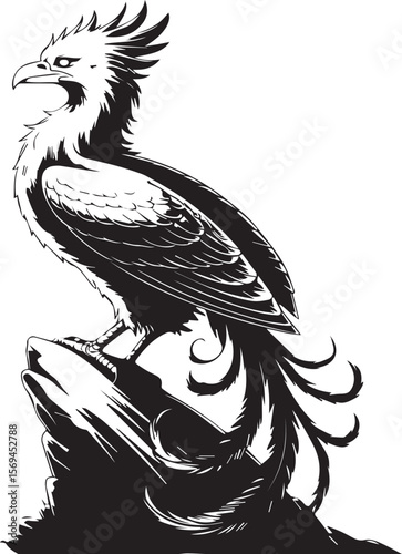 Majestic vector illustration of a phoenix bird perched upon a rugged stone formation