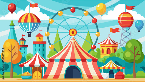 Vibrant cartoon illustration of a colorful amusement park with a ferris wheel and circus tent