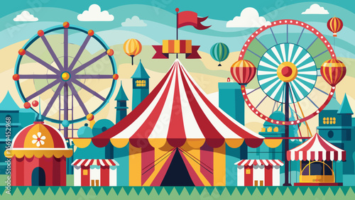 Vibrant illustration of a colorful carnival with ferris wheels and circus tent