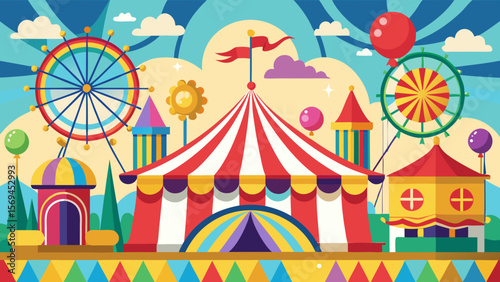 Vibrant flat design illustration of a classic circus scene with ferris wheel and tents
