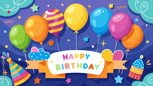 Colorful happy birthday celebration with balloons and party hat