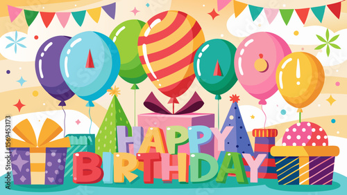 Colorful happy birthday celebration with balloons gifts and party hats