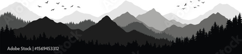 A scenic mountain range is depicted in silhouette against a white background