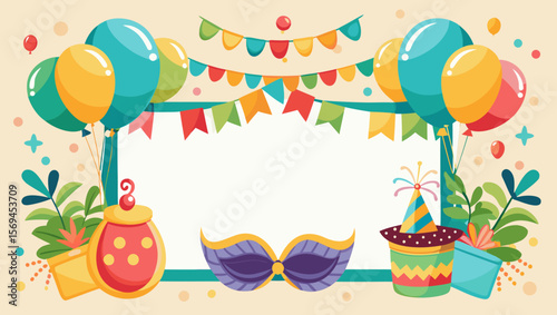 Festive celebration background with balloons bunting mask and party hat