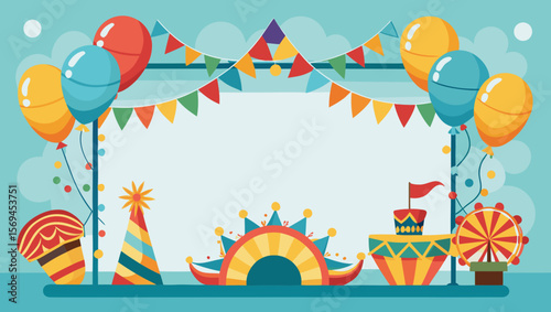 Festive carnival scene with balloons flags and circus elements for celebration