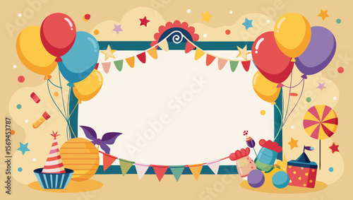 Festive birthday party background with balloons confetti and party decorations