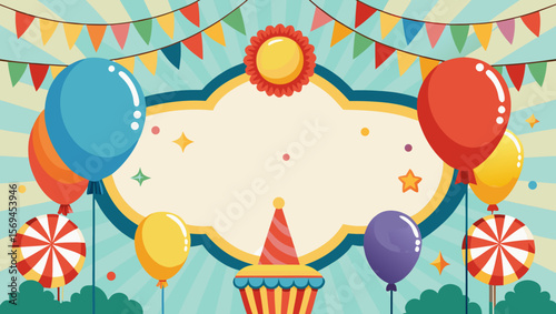 Festive birthday party background with balloons and bunting flags