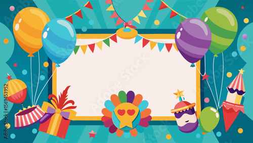 Festive birthday party background with balloons gifts and bunting flags
