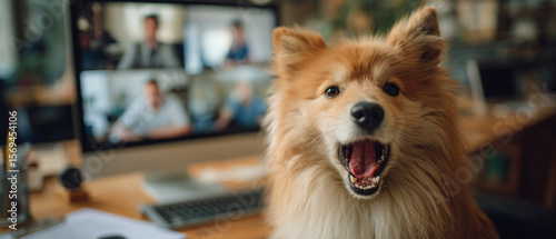 A fluffy dog barks in front of a computer screen showing a video conference call