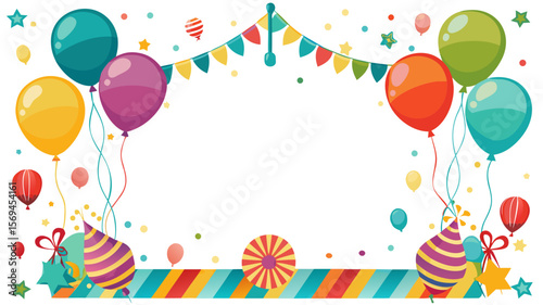 Festive birthday party frame with balloons confetti and bunting flags