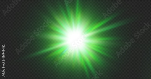 Green light glow effect with sparkle background and bright laser beam flare. Green star spotlight and black line shine for isolated png or vector design. Neon motion graphic brilliant bokeh flash.