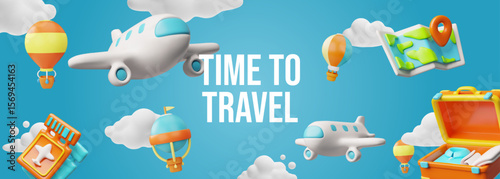 3D banner with airplanes, hot air balloons, airline tickets, suitcase, map on blue background.