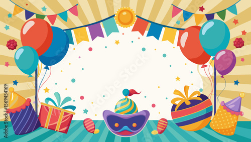 Festive birthday party scene with balloons gifts and bunting flags