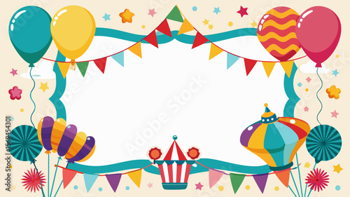 Whimsical circus themed border with balloons and bunting for celebrations