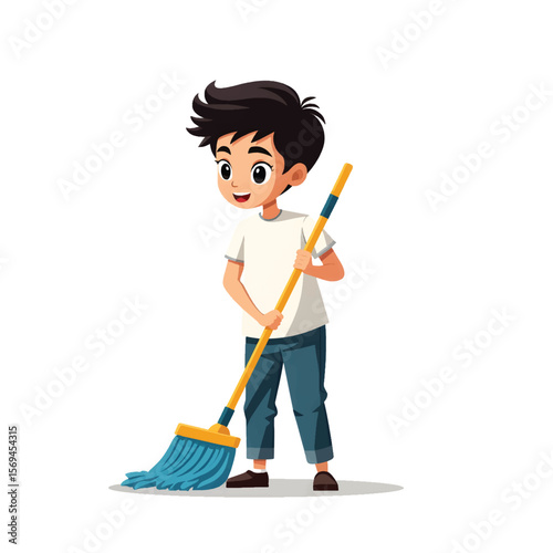 Black Silhouette Vector of Child Cleaning Floor with Mop in Home Chore and Responsibility Scene on White Background Full Ultra HD