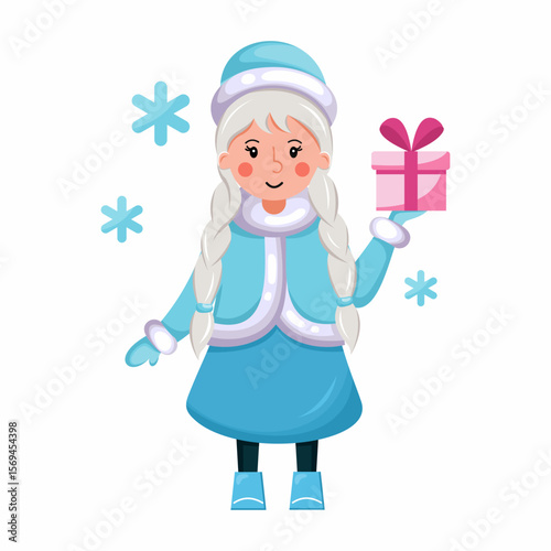 Russian Snegurochka or Snow Maiden holds gift. Vector illustration in cartoon style. Merry Christmas and Happy New Year.