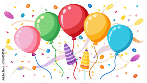 Colorful balloons and confetti celebrate a festive party occasion