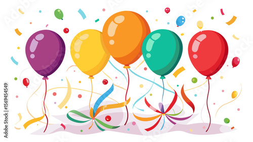 Colorful balloons and confetti floating in the air for a festive celebration