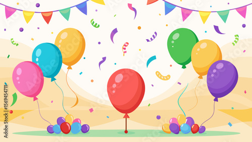 Colorful balloons and confetti celebrate a festive party atmosphere