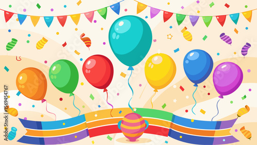 Colorful celebration with balloons confetti and bunting flags