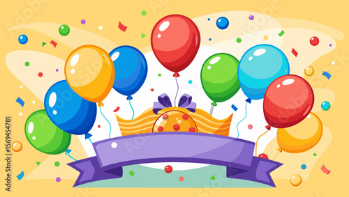 Colorful balloons and confetti celebrate a festive occasion with a ribbon banner