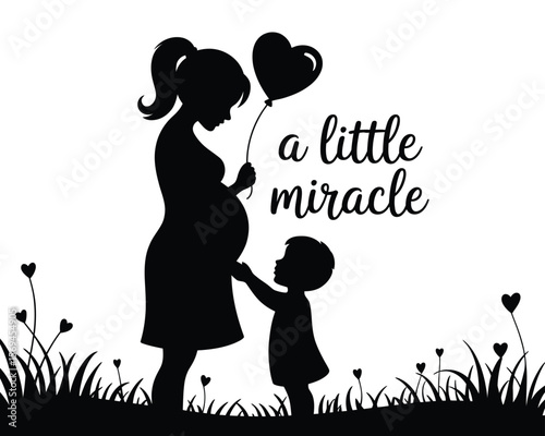 Pregnant Mother Holding Balloon with Child – Clean Line Black and White Vector Art

