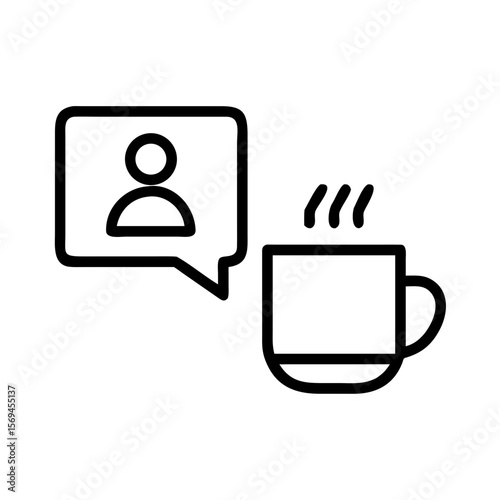 An eye-catching illustration with two main elements: a speech bubble containing a simple human figure and a cup of beverage steaming with hot vapor, conveying communication.