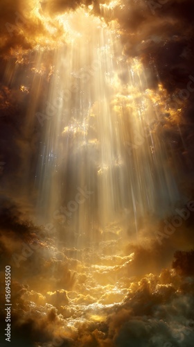 dramatic sunbeams breaking through golden clouds divine light rays heavenly atmospheric scene