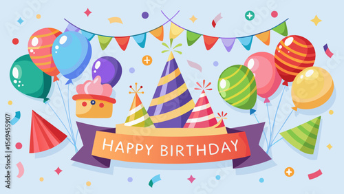 Festive happy birthday banner with balloons party hats and confetti