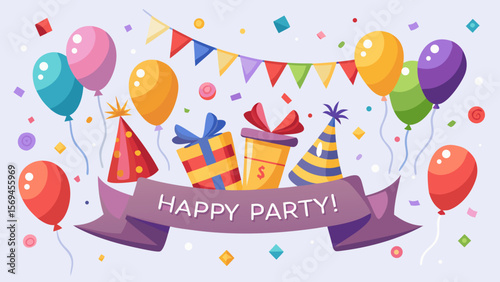 Festive birthday celebration with balloons gifts and party hats
