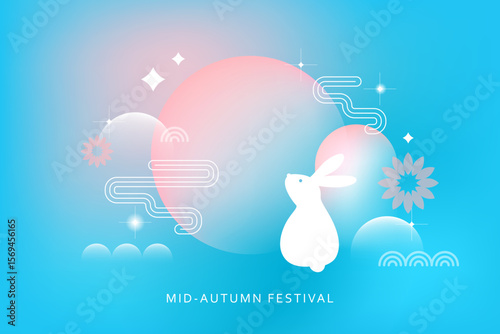 Chinese Mid Autumn festival vector design card, banner, cover. Lunar new year concept. Geometric abstract forms, blue, violet, pink, white gradients, hair. Chinese text Happy Mid Autumn.