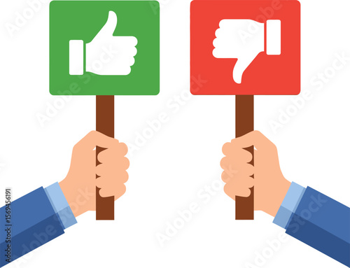 Hands holding signs with thumbs up and thumbs down