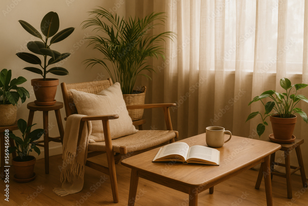 Fototapeta premium Cozy reading nook with houseplants creating relaxing atmosphere