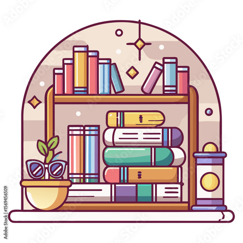 Cozy Library Line Art – Books & Reading Glasses PNG (Transparent Background)
