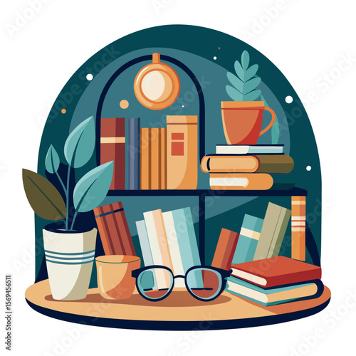 Cozy Library Line Art – Books & Reading Glasses PNG (Transparent Background)