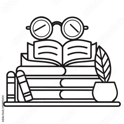 Cozy Library Line Art – Books & Reading Glasses PNG (Transparent Background)