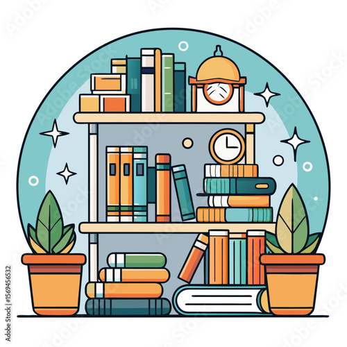 Cozy Library Line Art – Books & Reading Glasses PNG (Transparent Background)