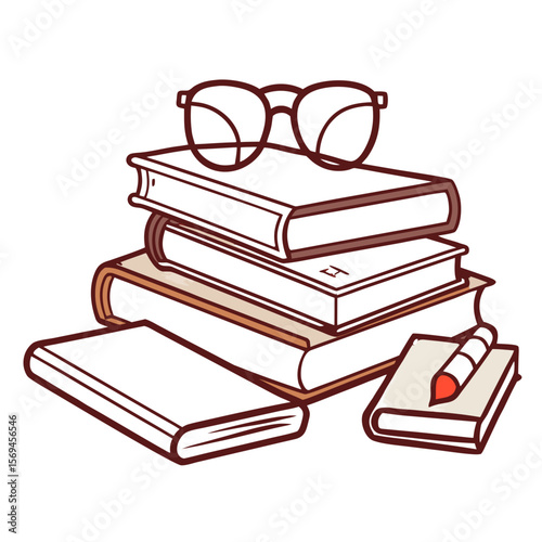 Cozy Library Line Art – Books & Reading Glasses PNG (Transparent Background)