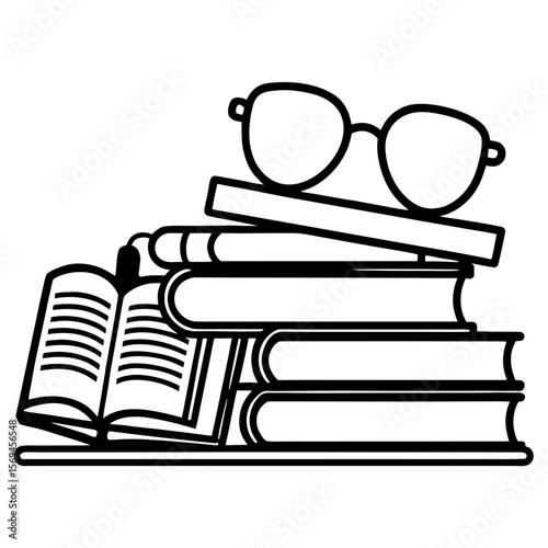 Cozy Library Line Art – Books & Reading Glasses PNG (Transparent Background)