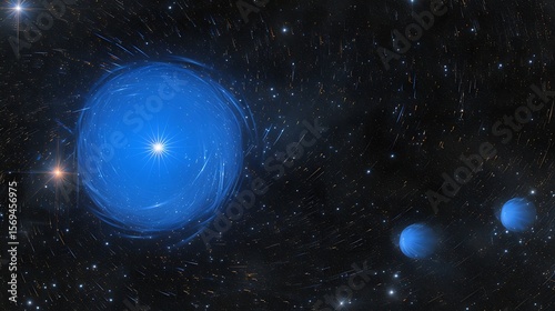 Celestial blue bodies amidst a starry backdrop, evoking cosmic beauty and wonder