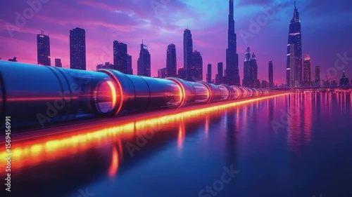 Futuristic City Pipelines: Neon-lit pipelines illuminate a futuristic cityscape against the backdrop of a colorful twilight sky.