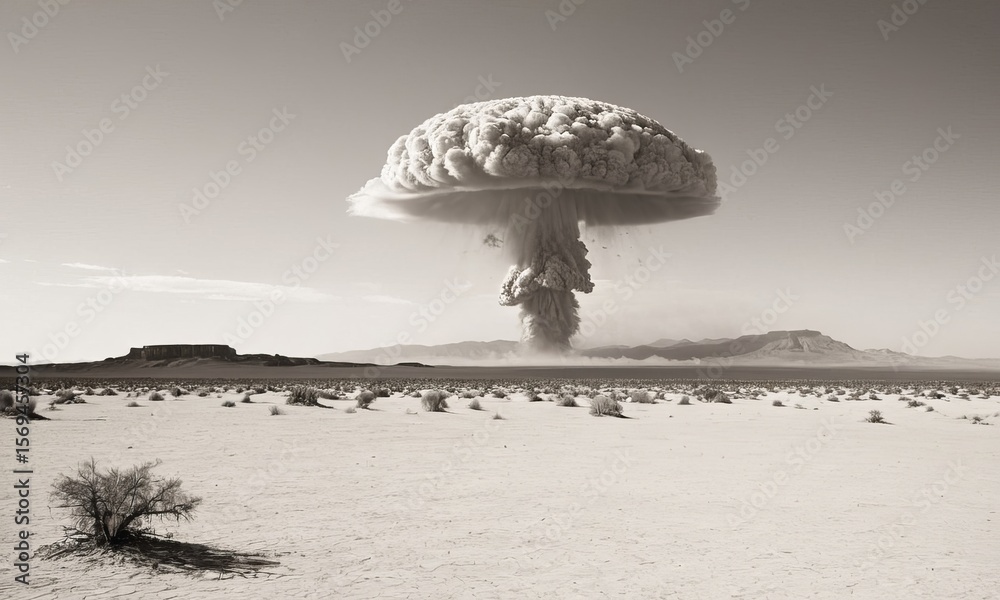 Vintage grayscale image depicts atomic bomb explosion over barren desert landscape