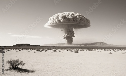 Vintage grayscale image depicts atomic bomb explosion over barren desert landscape